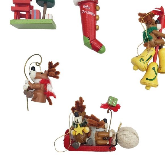 VTG Miniature Wood Reindeer Christmas Ornaments 11 pc Set Handmade Holiday Cute - Picture 4 of 9